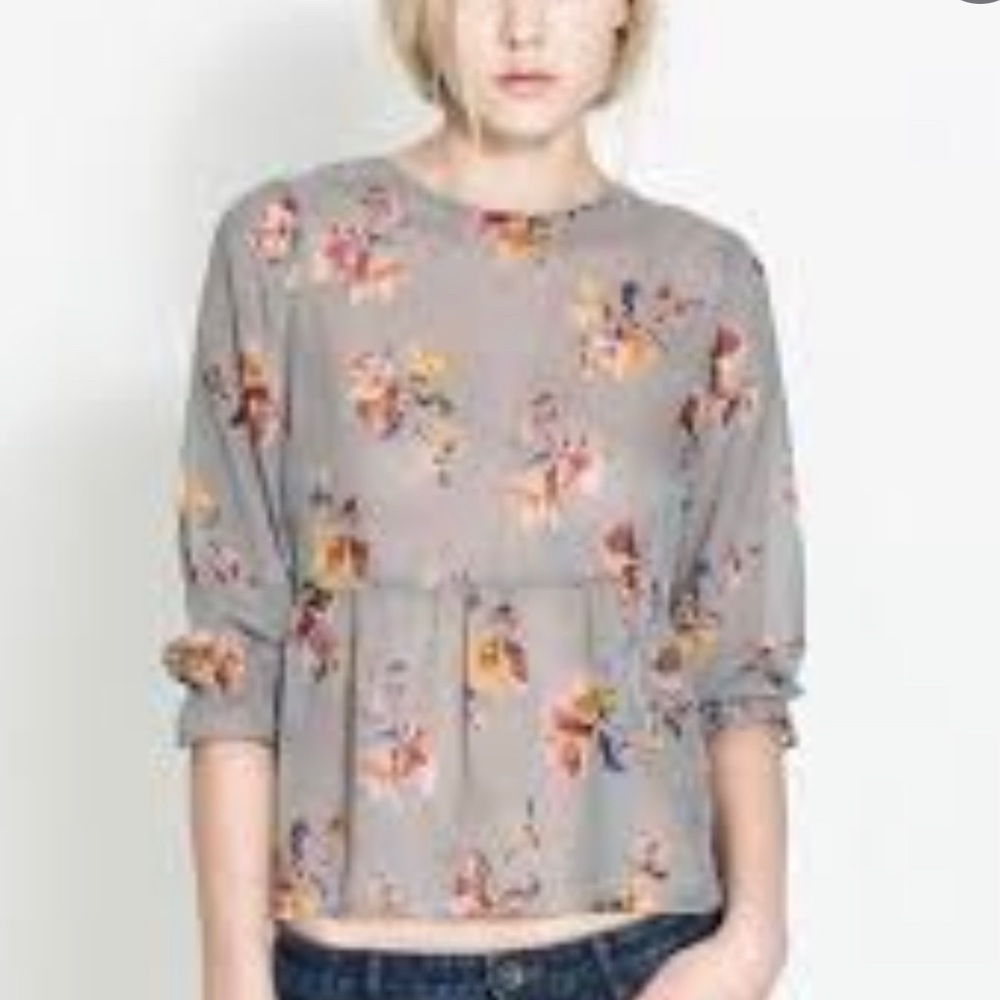 Zara TRF grey floral flowy sheer blouse